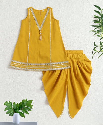 The Magic Wand Cambric Cotton Sleeveless Laced A-Line Kurta And Dhoti Set - Mustard