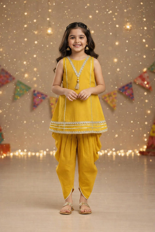 The Magic Wand Cambric Cotton Sleeveless Laced A-Line Kurta And Dhoti Set - Mustard
