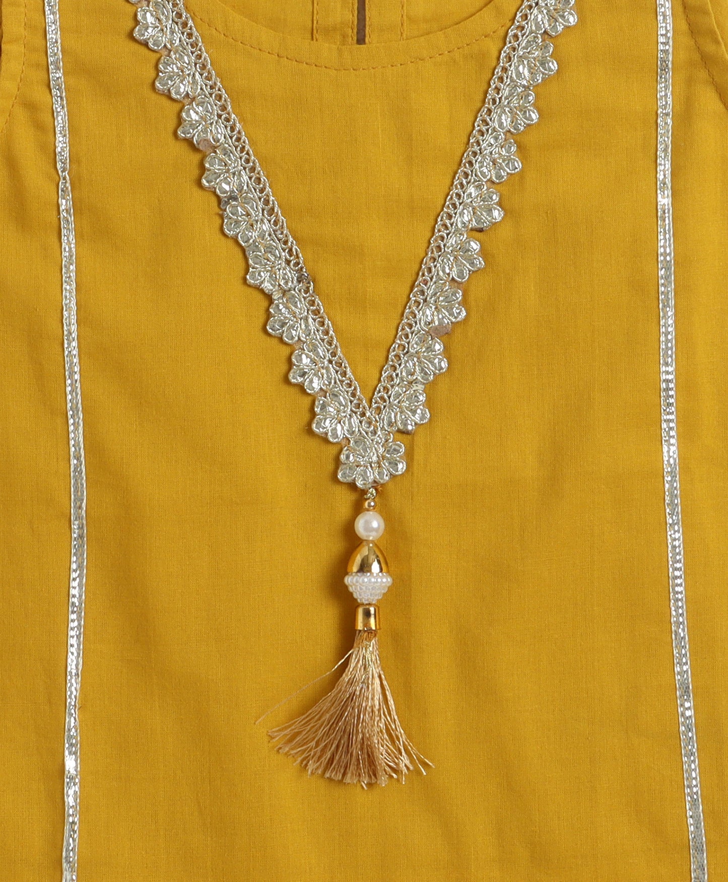 The Magic Wand Cambric Cotton Sleeveless Laced A-Line Kurta And Dhoti Set - Mustard