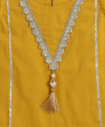 The Magic Wand Cambric Cotton Sleeveless Laced A-Line Kurta And Dhoti Set - Mustard