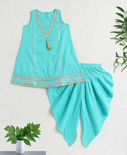 The Magic Wand Cambric Cotton Sleeveless Laced A-Line Kurta And Dhoti Set - Turquoise