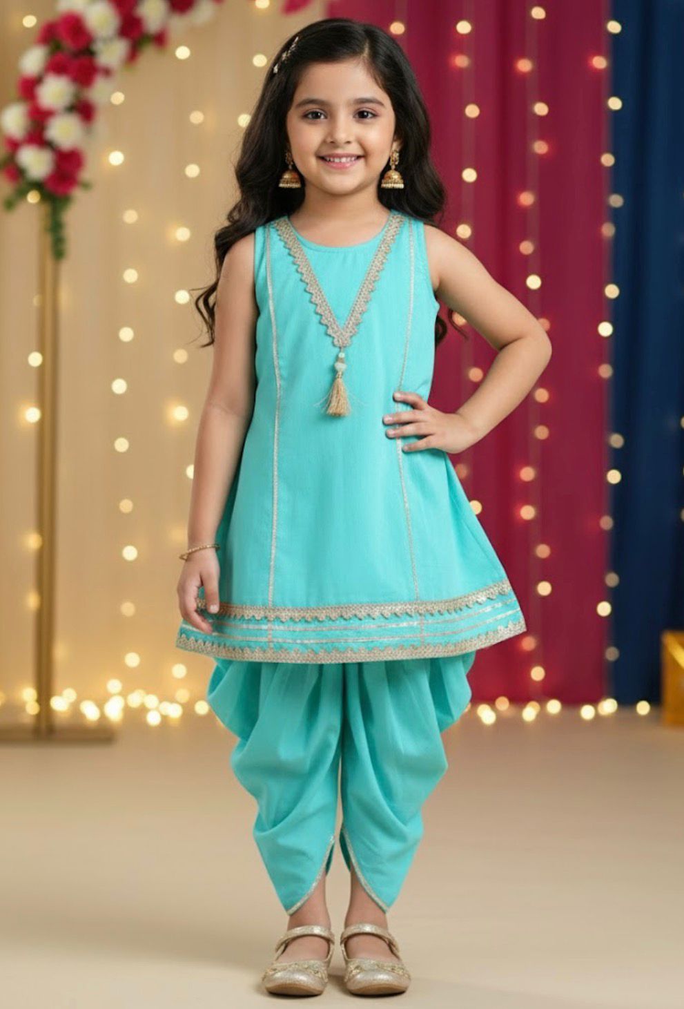 The Magic Wand Cambric Cotton Sleeveless Laced A-Line Kurta And Dhoti Set - Turquoise