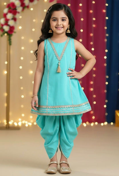 The Magic Wand Cambric Cotton Sleeveless Laced A-Line Kurta And Dhoti Set - Turquoise