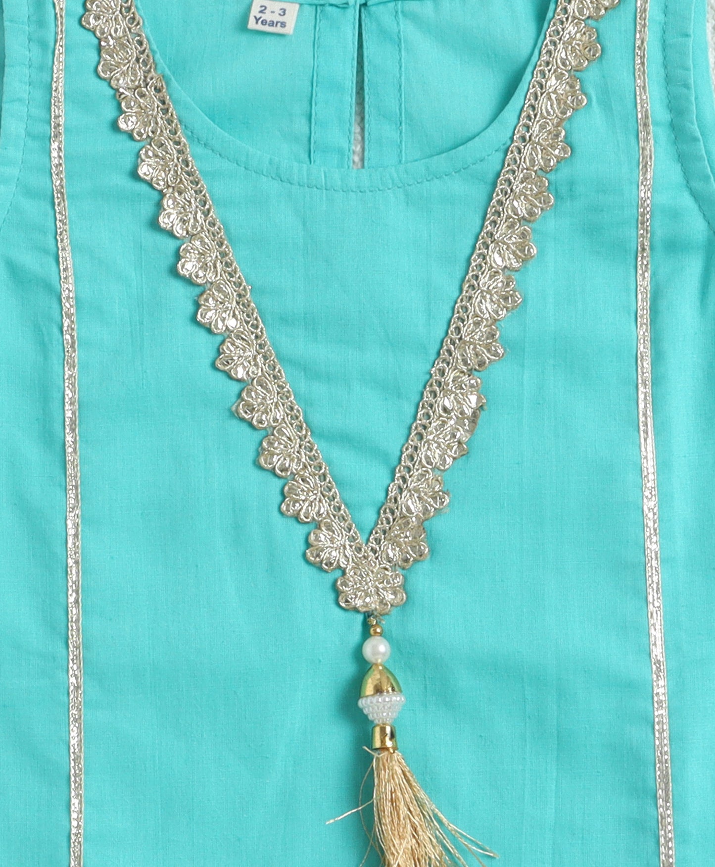 The Magic Wand Cambric Cotton Sleeveless Laced A-Line Kurta And Dhoti Set - Turquoise