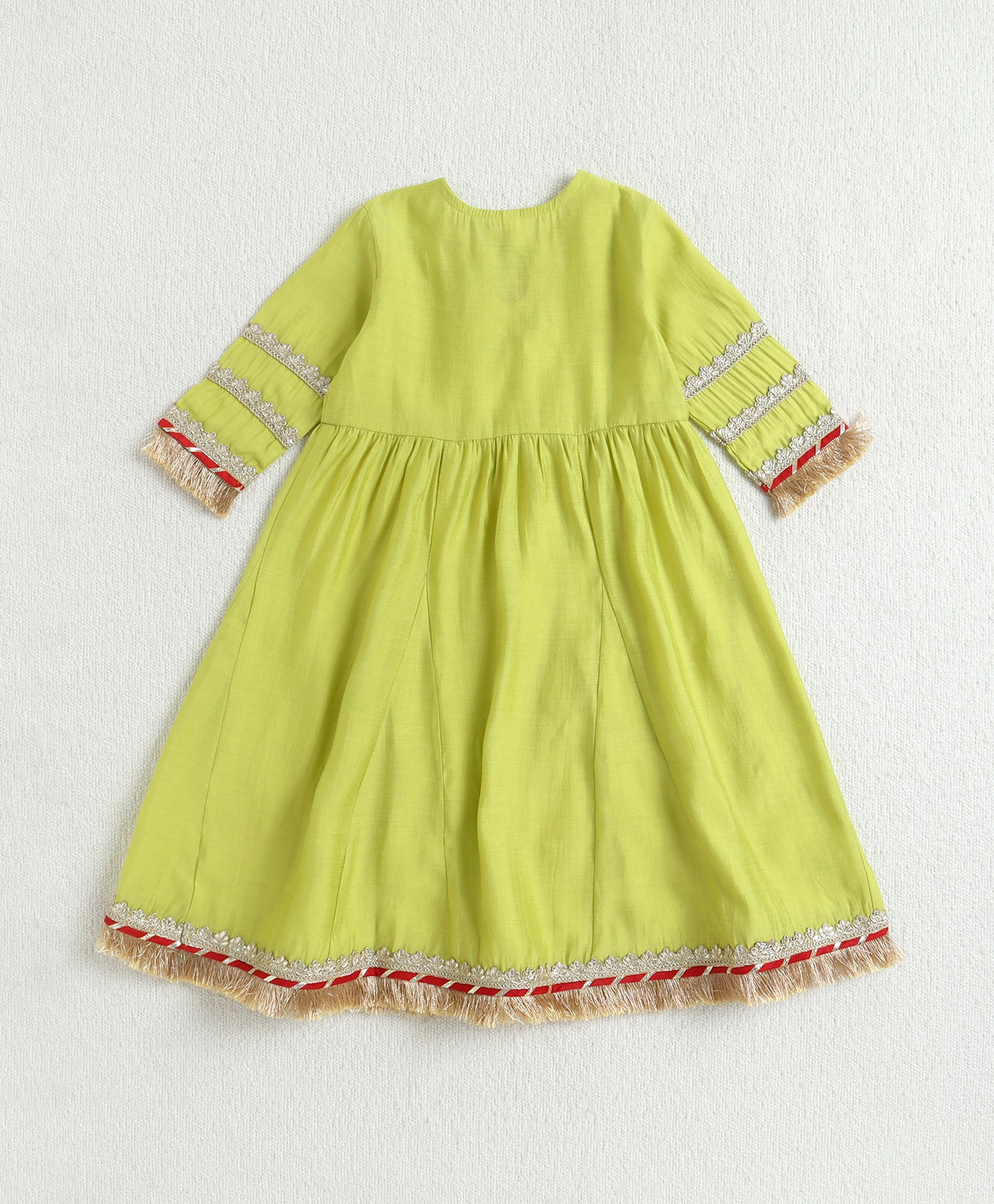 The Magic Wand Woven Three Fourth Sleeves Laced Anarkali Kurti And Pant Set With Dupatta - Green