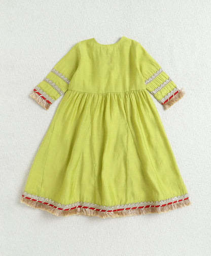 The Magic Wand Woven Three Fourth Sleeves Laced Anarkali Kurti And Pant Set With Dupatta - Green