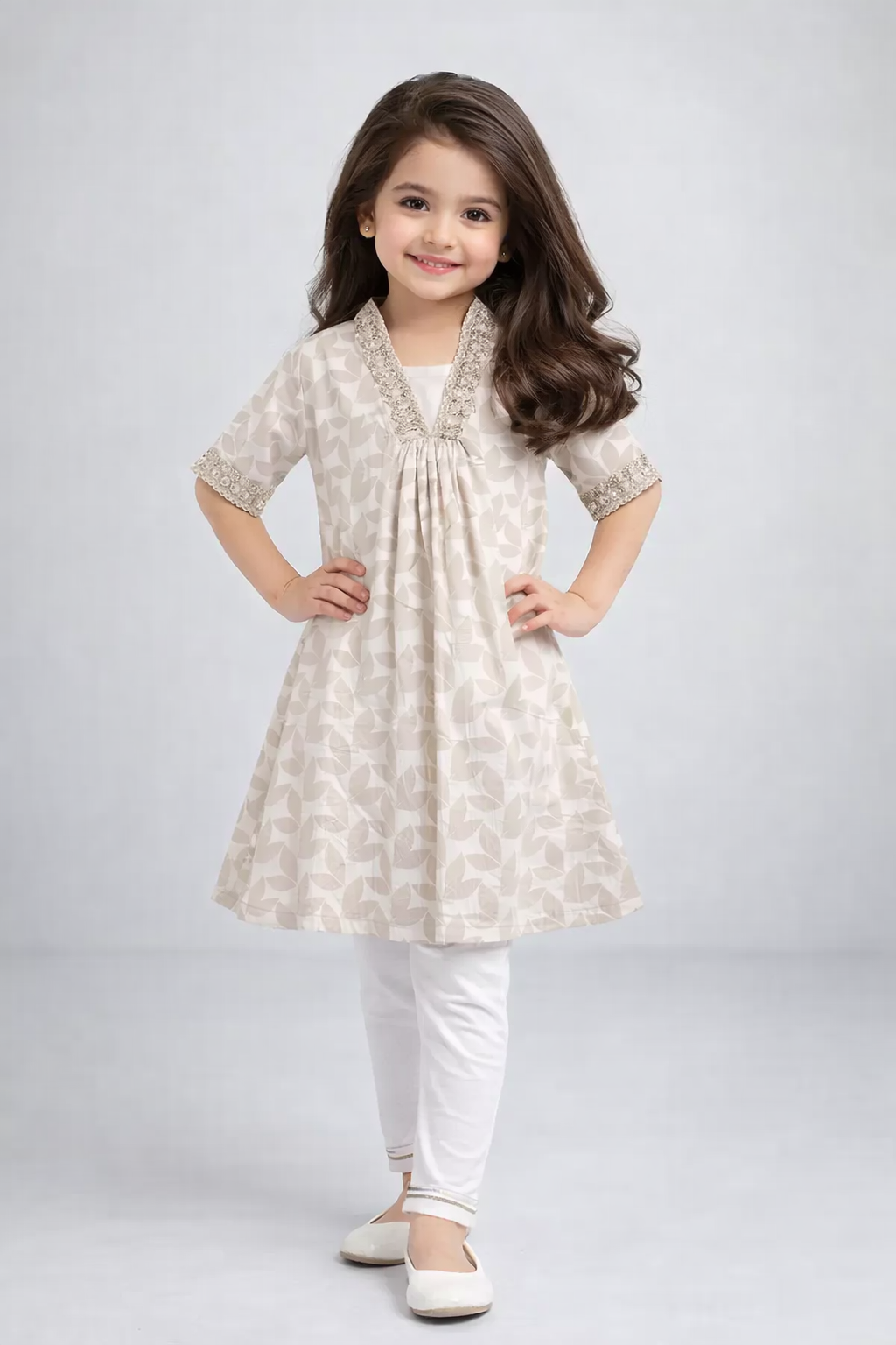 The Magic Wand Cotton Woven Leaf Foil Printed A-Line Laced Kurta With Pants - Off White