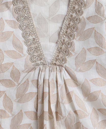 The Magic Wand Cotton Woven Leaf Foil Printed A-Line Laced Kurta With Pants - Off White