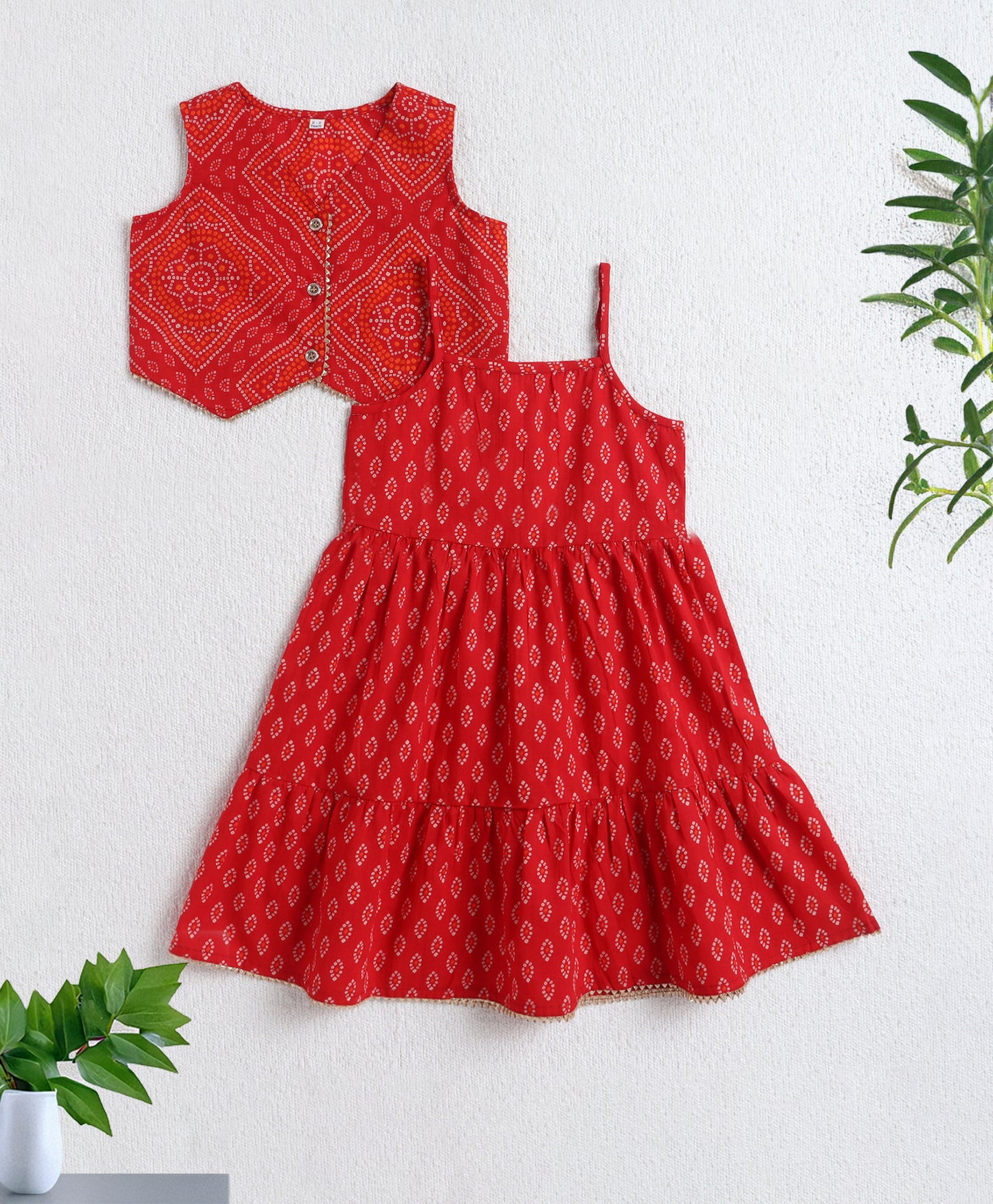 The Magic Wand Cotton Woven Sleeveless Bandhani Waistcoat With Butti Printed Tiered Dress - Red
