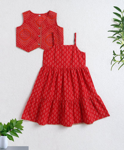 The Magic Wand Cotton Woven Sleeveless Bandhani Waistcoat With Butti Printed Tiered Dress - Red