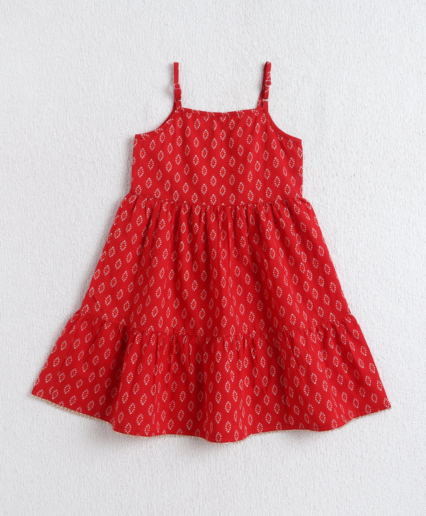 The Magic Wand Cotton Woven Sleeveless Bandhani Waistcoat With Butti Printed Tiered Dress - Red