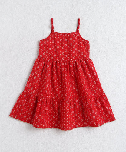 The Magic Wand Cotton Woven Sleeveless Bandhani Waistcoat With Butti Printed Tiered Dress - Red