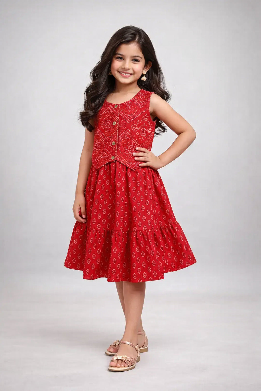 The Magic Wand Cotton Woven Sleeveless Bandhani Waistcoat With Butti Printed Tiered Dress - Red