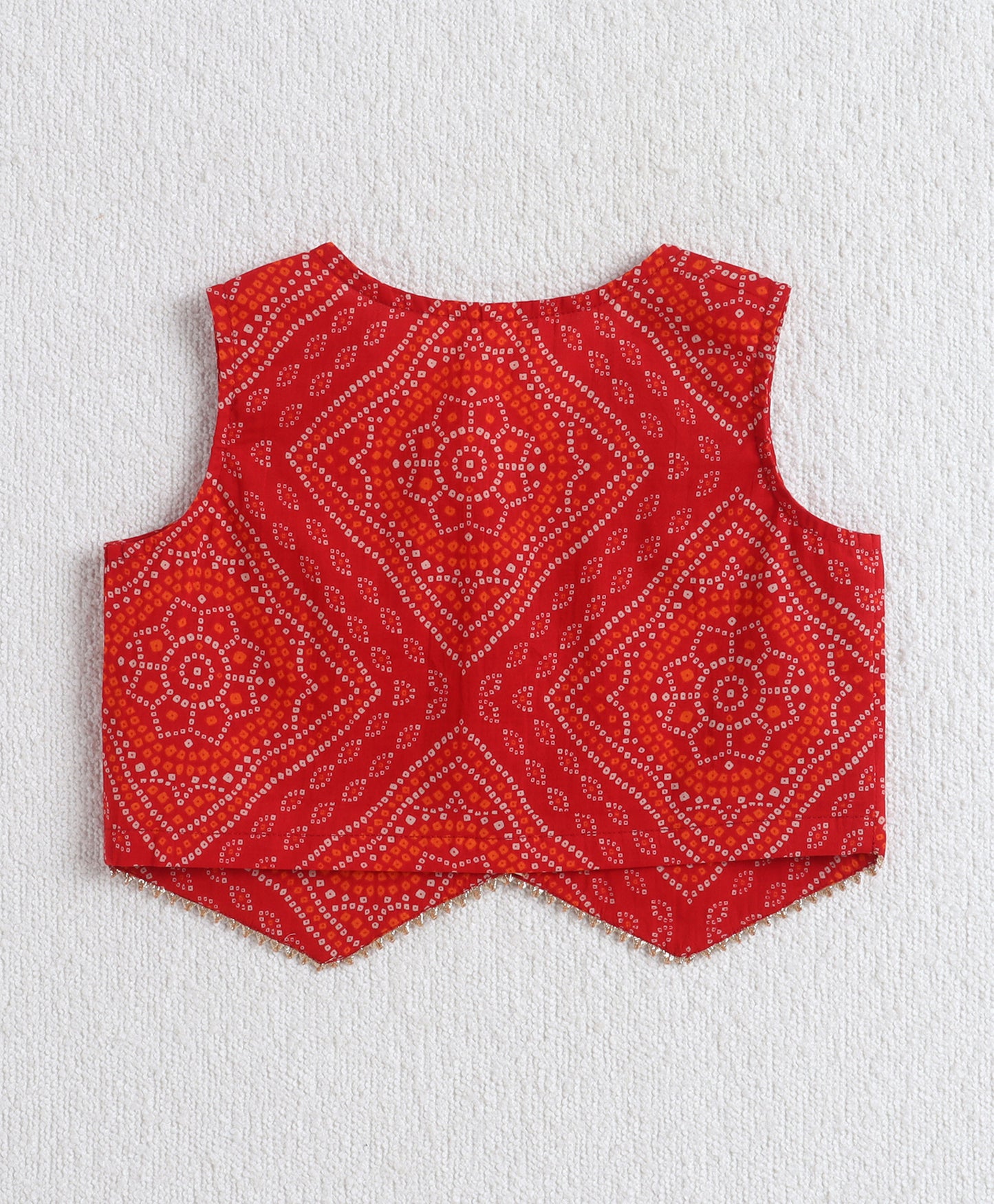The Magic Wand Cotton Woven Sleeveless Bandhani Waistcoat With Butti Printed Tiered Dress - Red