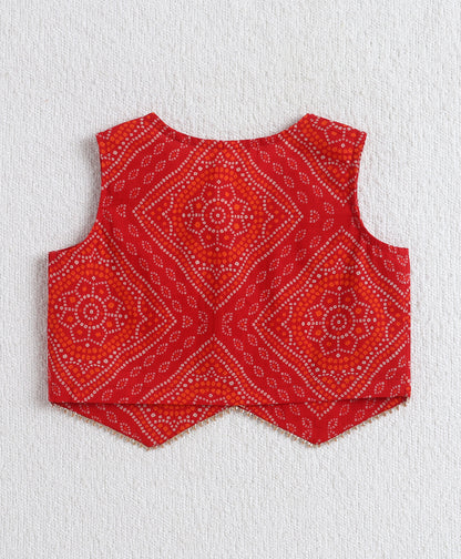 The Magic Wand Cotton Woven Sleeveless Bandhani Waistcoat With Butti Printed Tiered Dress - Red