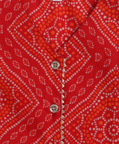 The Magic Wand Cotton Woven Sleeveless Bandhani Waistcoat With Butti Printed Tiered Dress - Red