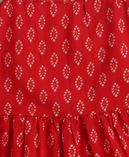 The Magic Wand Cotton Woven Sleeveless Bandhani Waistcoat With Butti Printed Tiered Dress - Red