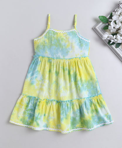 The Magic Wand Woven Strappy Tie & Dye Ric Rac Tiered Dress - Yellow