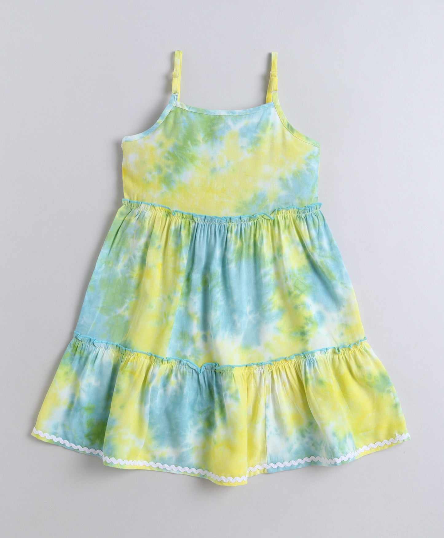 The Magic Wand Woven Strappy Tie & Dye Ric Rac Tiered Dress - Yellow