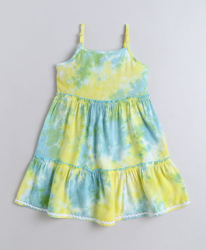 The Magic Wand Woven Strappy Tie & Dye Ric Rac Tiered Dress - Yellow