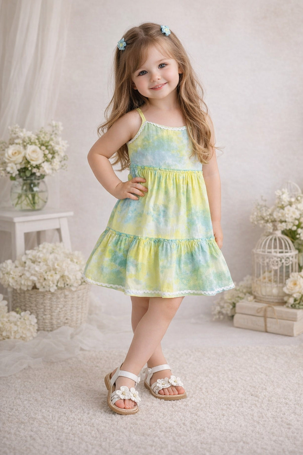 The Magic Wand Woven Strappy Tie & Dye Ric Rac Tiered Dress - Yellow