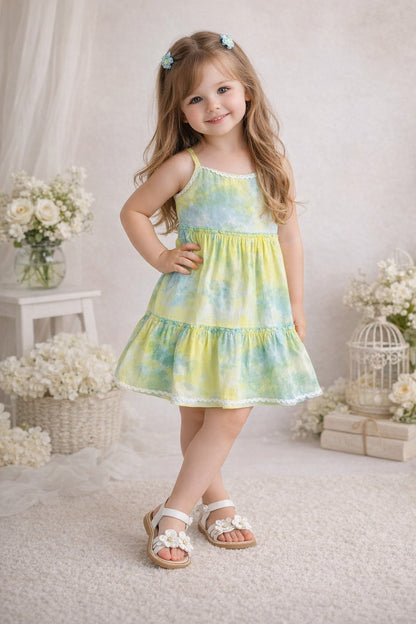 The Magic Wand Woven Strappy Tie & Dye Ric Rac Tiered Dress - Yellow