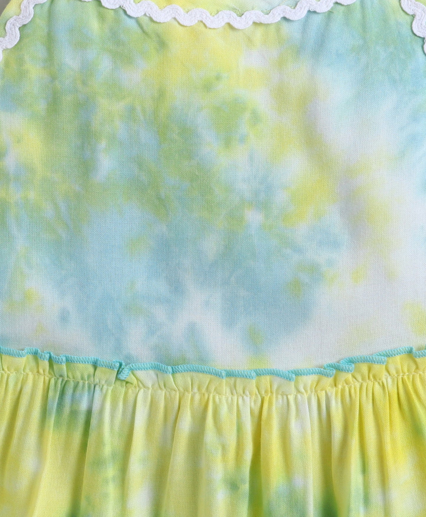The Magic Wand Woven Strappy Tie & Dye Ric Rac Tiered Dress - Yellow