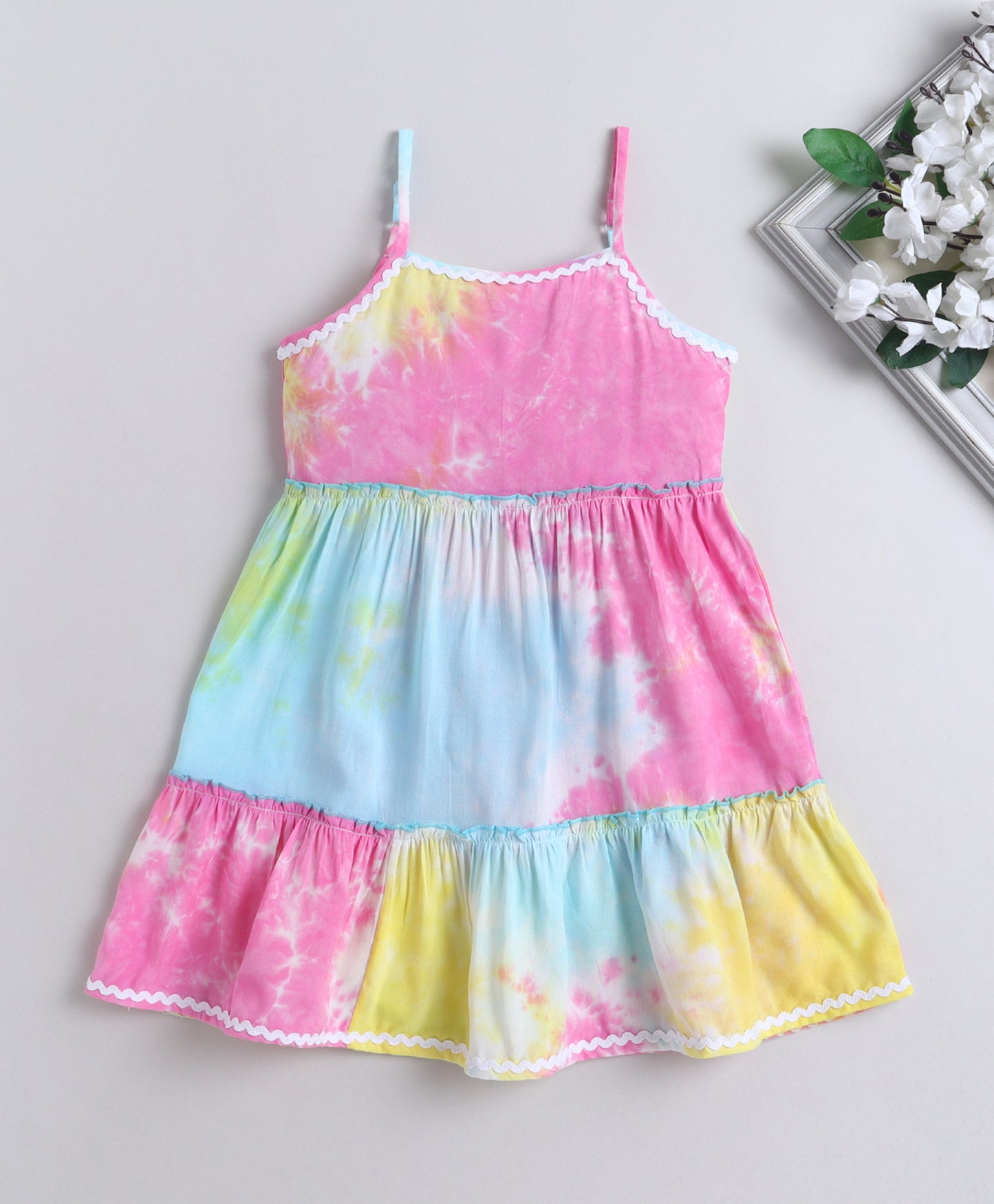 The Magic Wand Woven Strappy Tie & Dye Ric Rac Tiered Dress - Multi Color