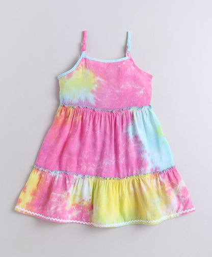 The Magic Wand Woven Strappy Tie & Dye Ric Rac Tiered Dress - Multi Color