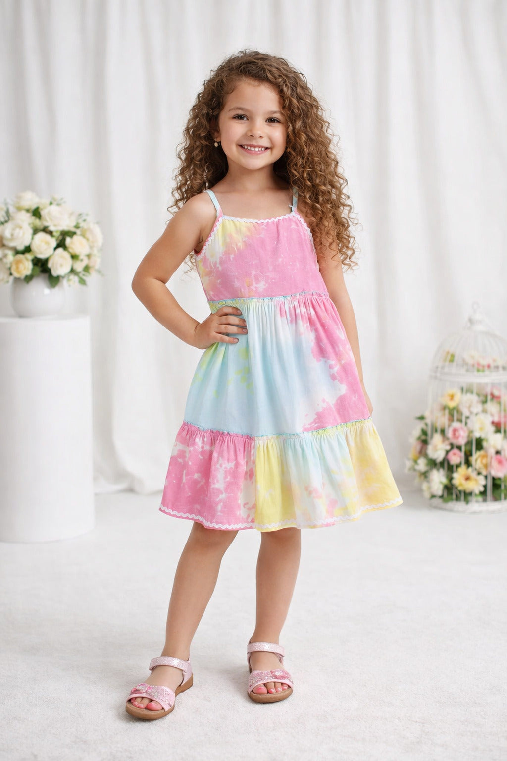 The Magic Wand Woven Strappy Tie & Dye Ric Rac Tiered Dress - Multi Color