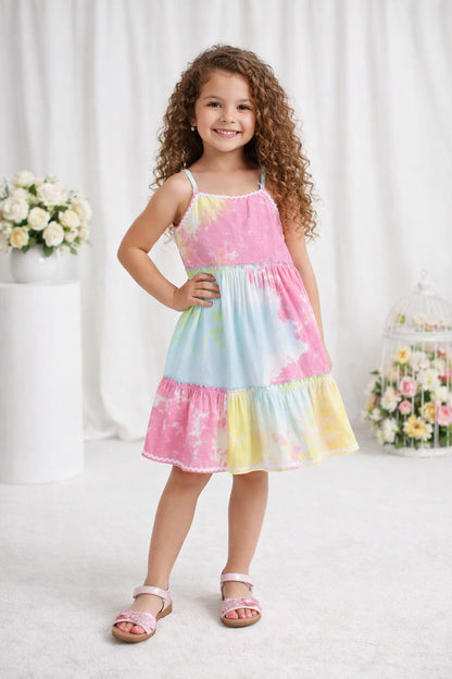 The Magic Wand Woven Strappy Tie & Dye Ric Rac Tiered Dress - Multi Color
