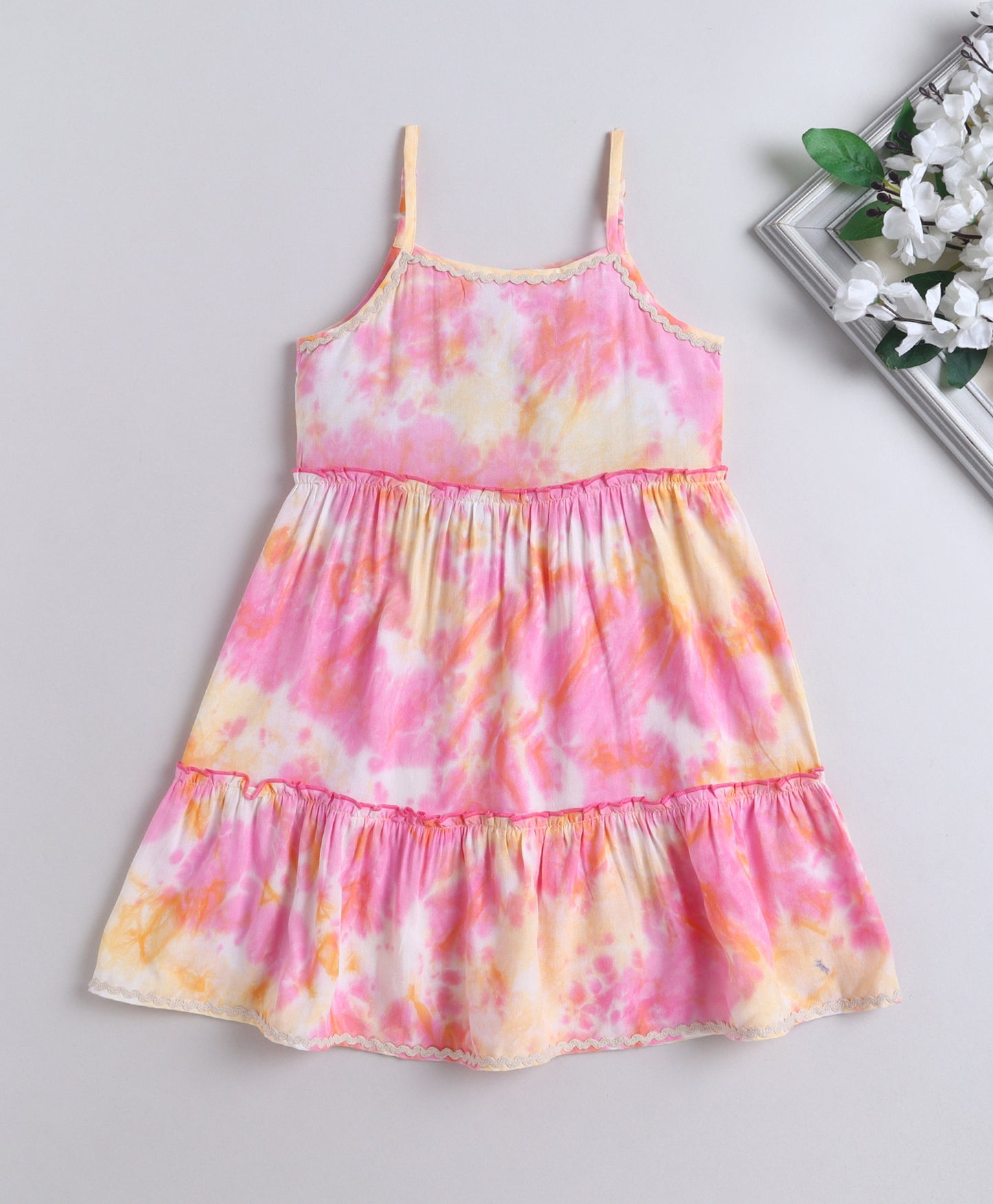 The Magic Wand Woven Strappy Tie & Dye Ric Rac Tiered Dress - Pink