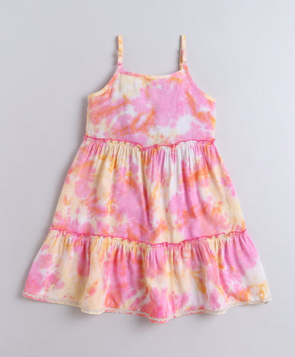 The Magic Wand Woven Strappy Tie & Dye Ric Rac Tiered Dress - Pink