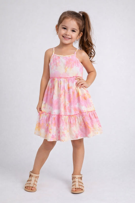 The Magic Wand Woven Strappy Tie & Dye Ric Rac Tiered Dress - Pink
