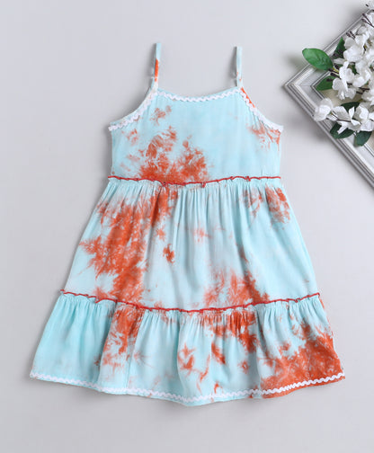 The Magic Wand Woven Strappy Tie & Dye Ric Rac Tiered Dress - Blue