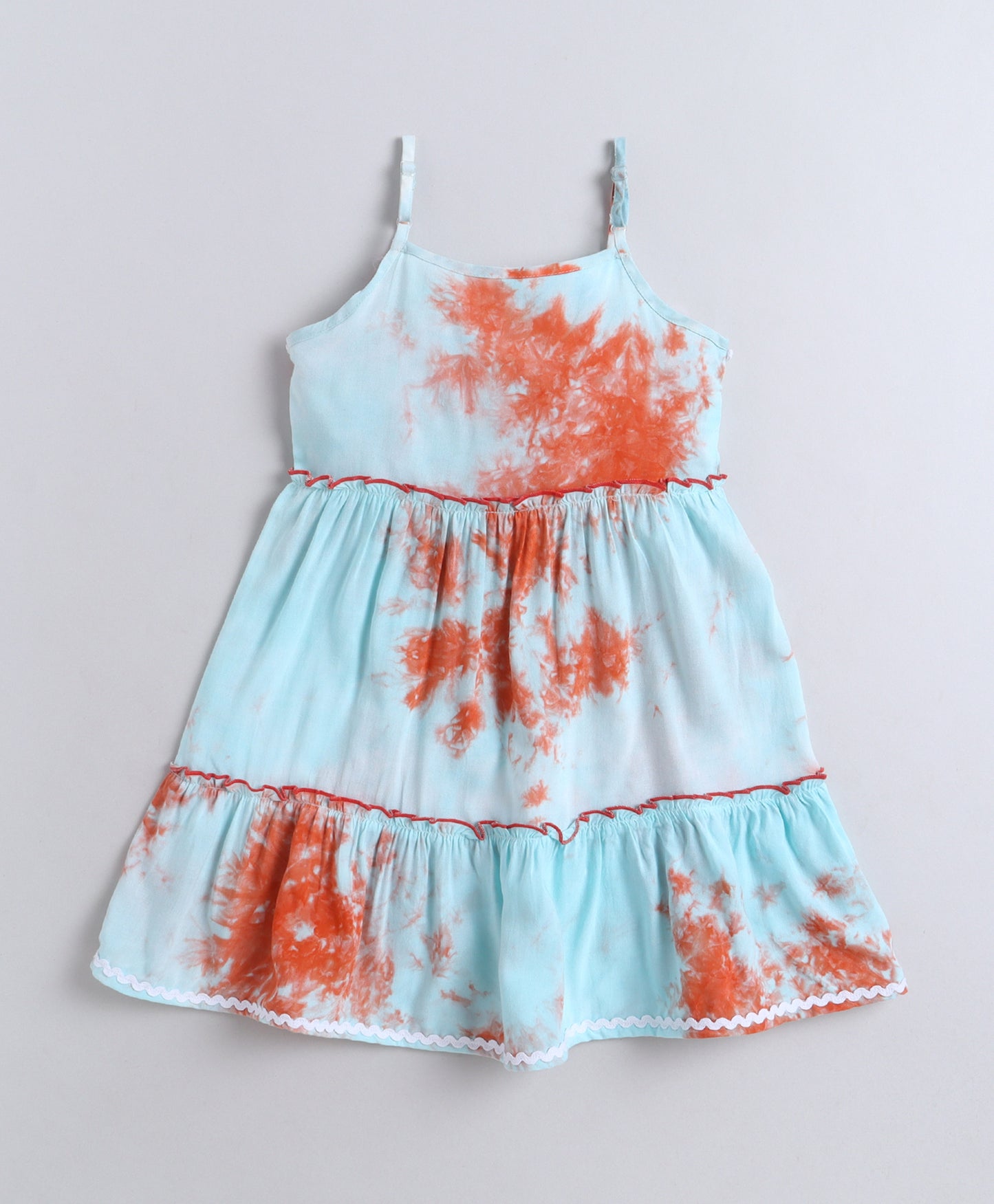 The Magic Wand Woven Strappy Tie & Dye Ric Rac Tiered Dress - Blue