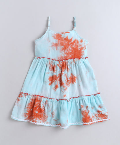 The Magic Wand Woven Strappy Tie & Dye Ric Rac Tiered Dress - Blue