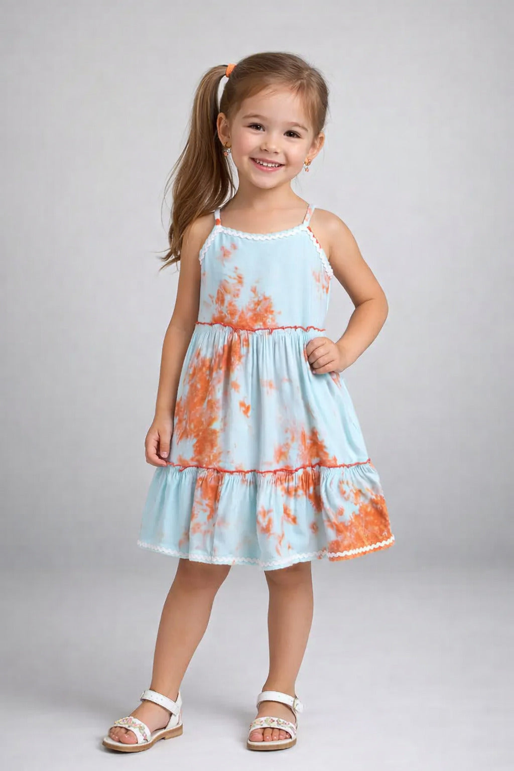 The Magic Wand Woven Strappy Tie & Dye Ric Rac Tiered Dress - Blue
