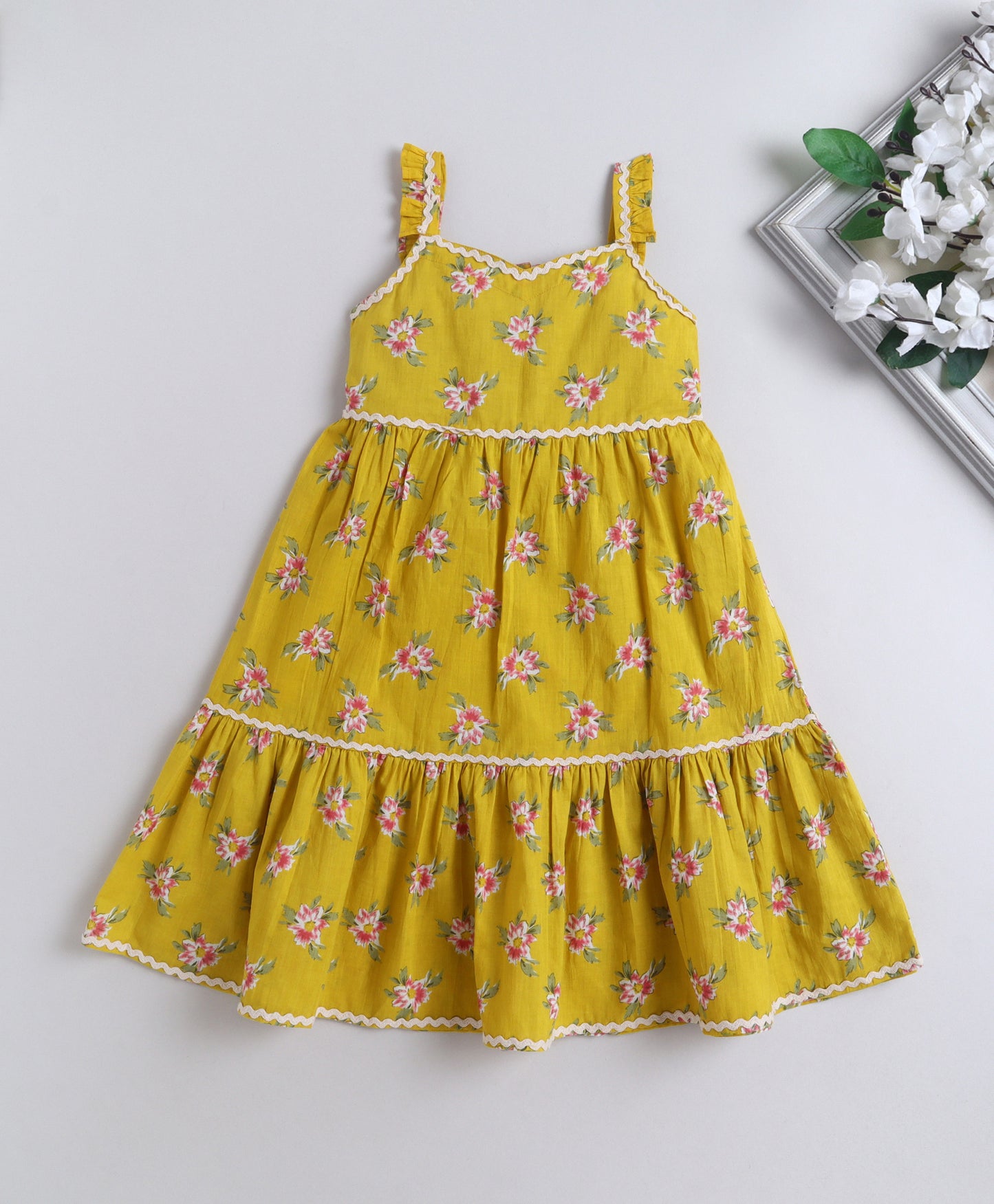 The Magic Wand Cotton Woven Ruffle Sleeves Floral Printed Ric Rac Tiered Dress - Mustard