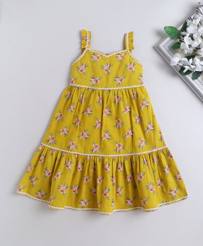 The Magic Wand Cotton Woven Ruffle Sleeves Floral Printed Ric Rac Tiered Dress - Mustard