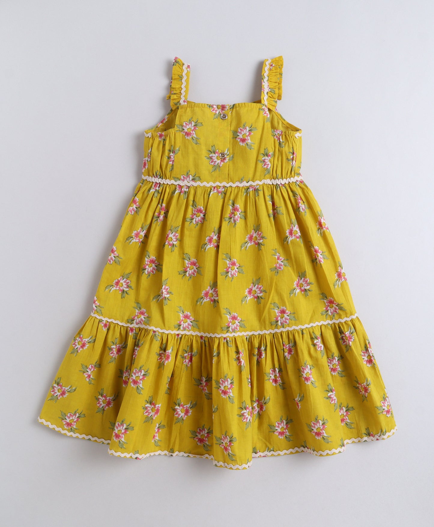 The Magic Wand Cotton Woven Ruffle Sleeves Floral Printed Ric Rac Tiered Dress - Mustard