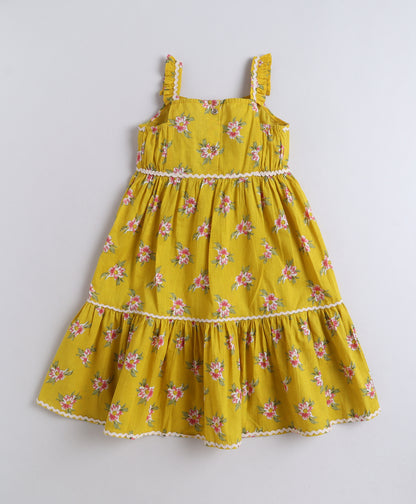 The Magic Wand Cotton Woven Ruffle Sleeves Floral Printed Ric Rac Tiered Dress - Mustard