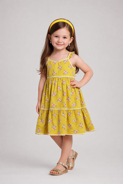 The Magic Wand Cotton Woven Ruffle Sleeves Floral Printed Ric Rac Tiered Dress - Mustard