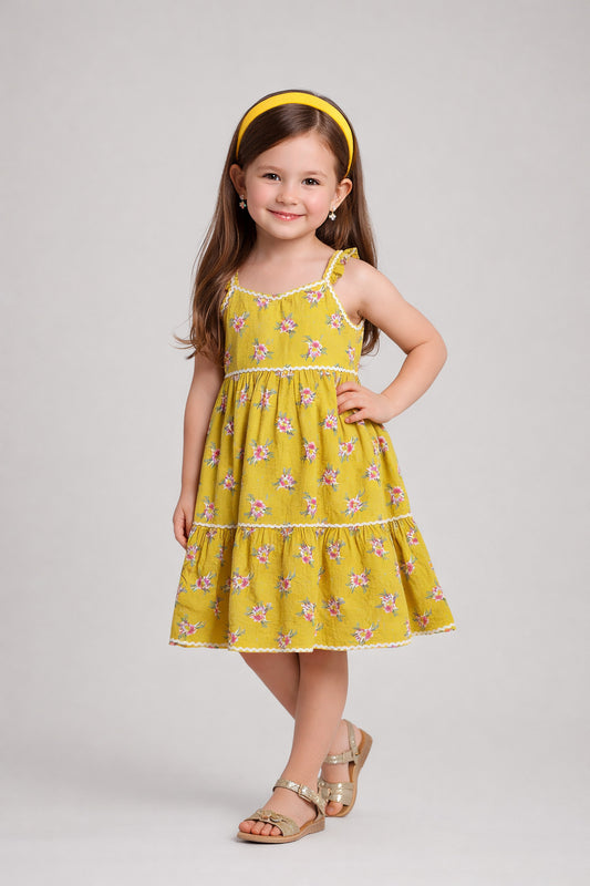 The Magic Wand Cotton Woven Ruffle Sleeves Floral Printed Ric Rac Tiered Dress - Mustard