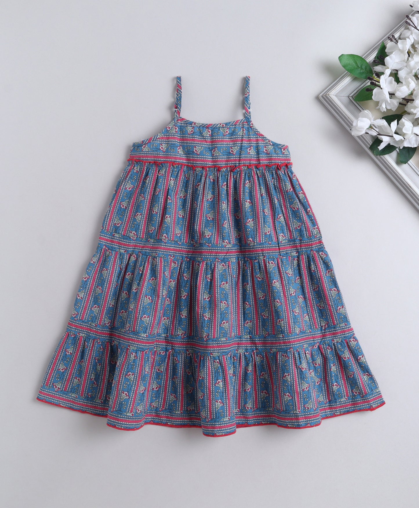 The Magic Wand Cotton Woven Strappy Floral Tiered Dress - Blue