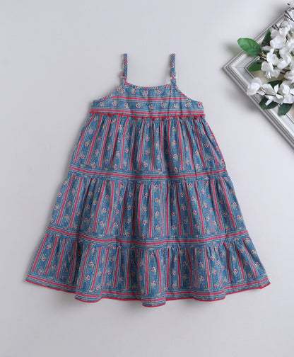 The Magic Wand Cotton Woven Strappy Floral Tiered Dress - Blue