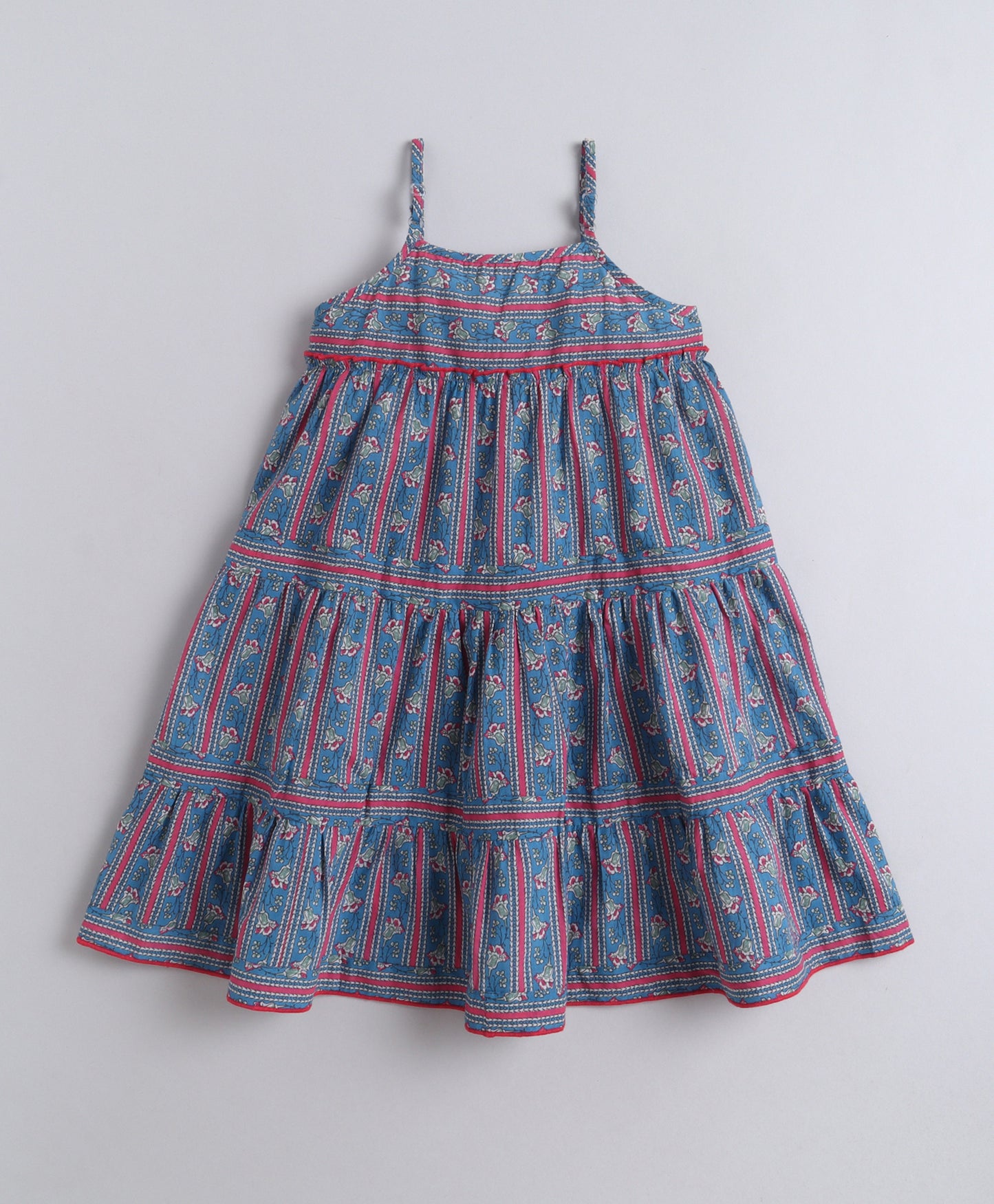 The Magic Wand Cotton Woven Strappy Floral Tiered Dress - Blue