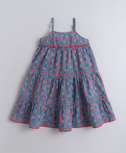 The Magic Wand Cotton Woven Strappy Floral Tiered Dress - Blue