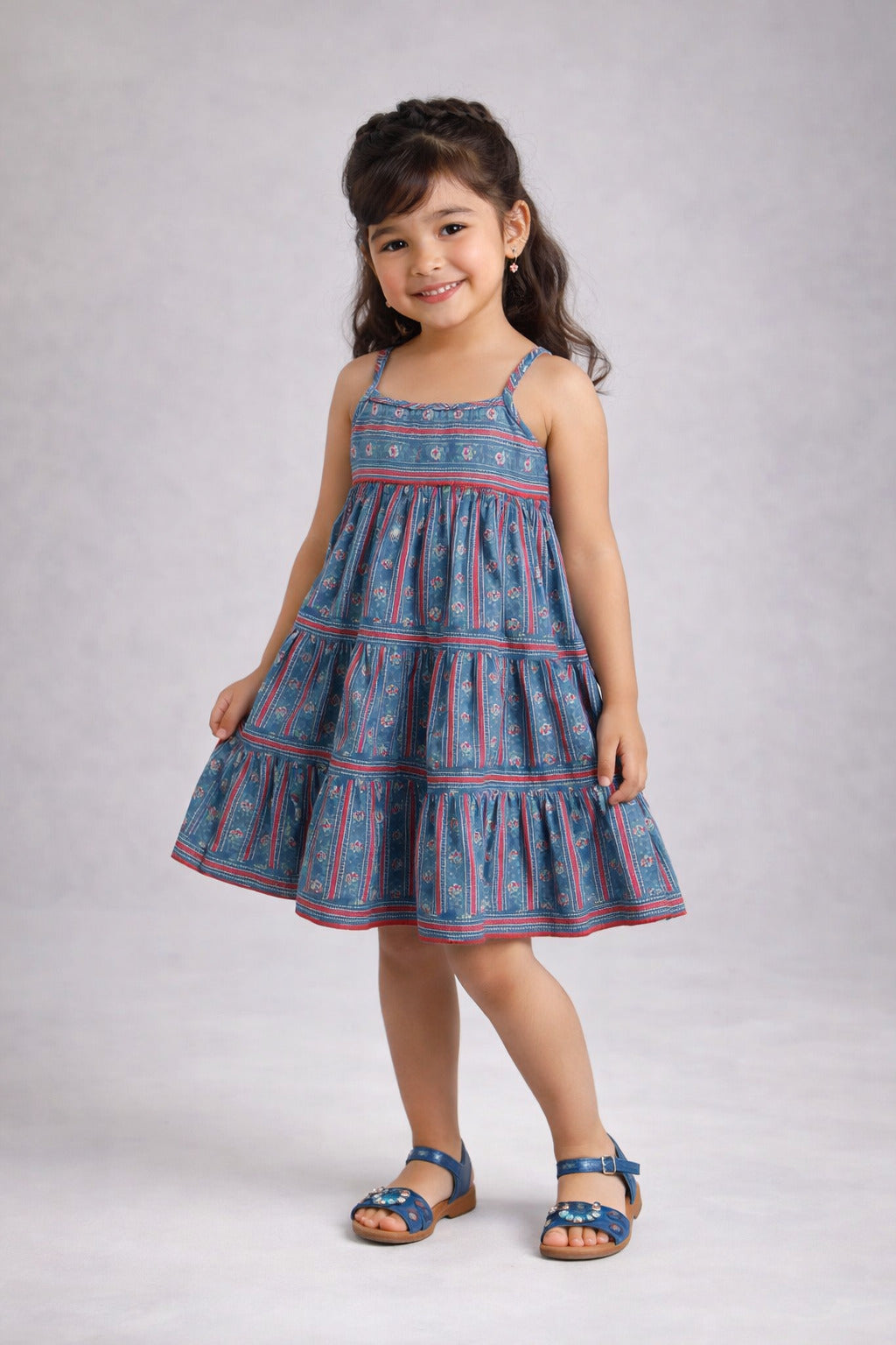The Magic Wand Cotton Woven Strappy Floral Tiered Dress - Blue