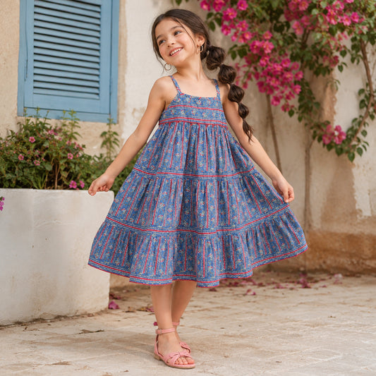 The Magic Wand Cotton Woven Strappy Floral Tiered Dress - Blue